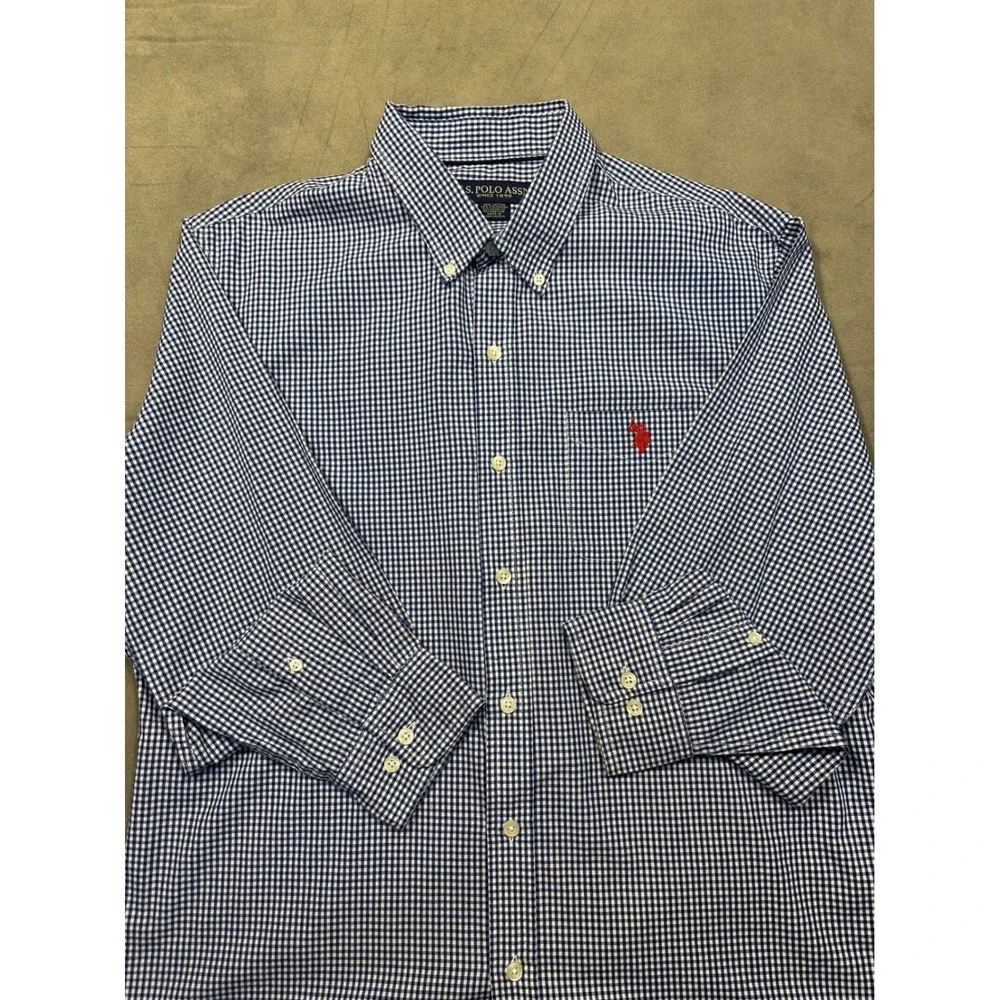 US Polo Mens Classic Fit Button Down Shirt Blue Gingham Check‎ Red Pony Size L